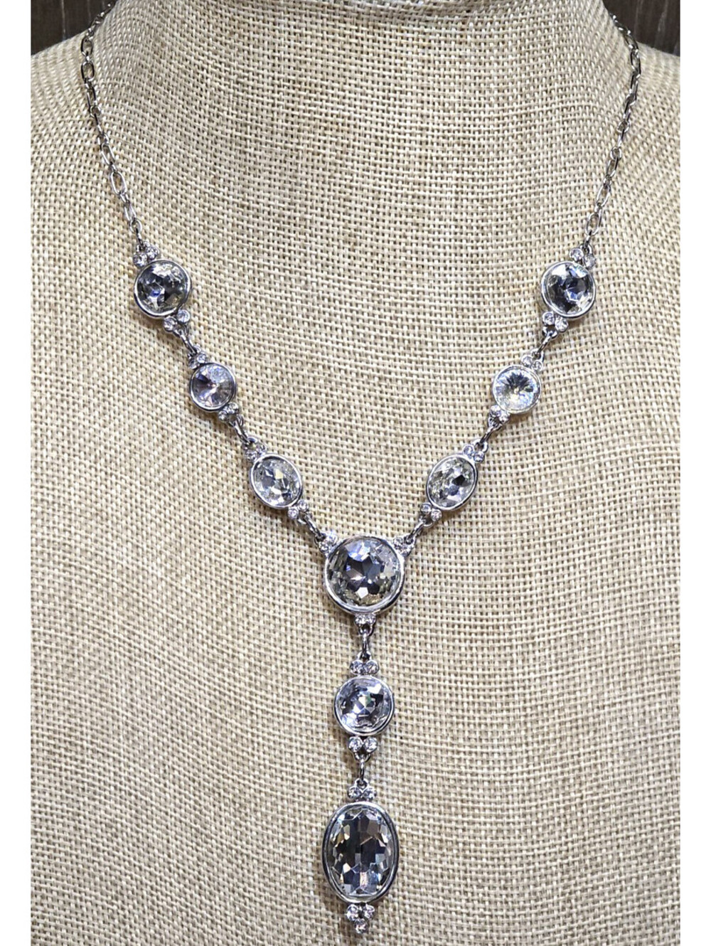WHBM White House Black Market Y-Drop Crystal Rhinestone Necklace Silver Tone